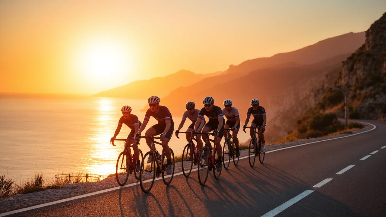 Group ride at sunset on the Spanish coast