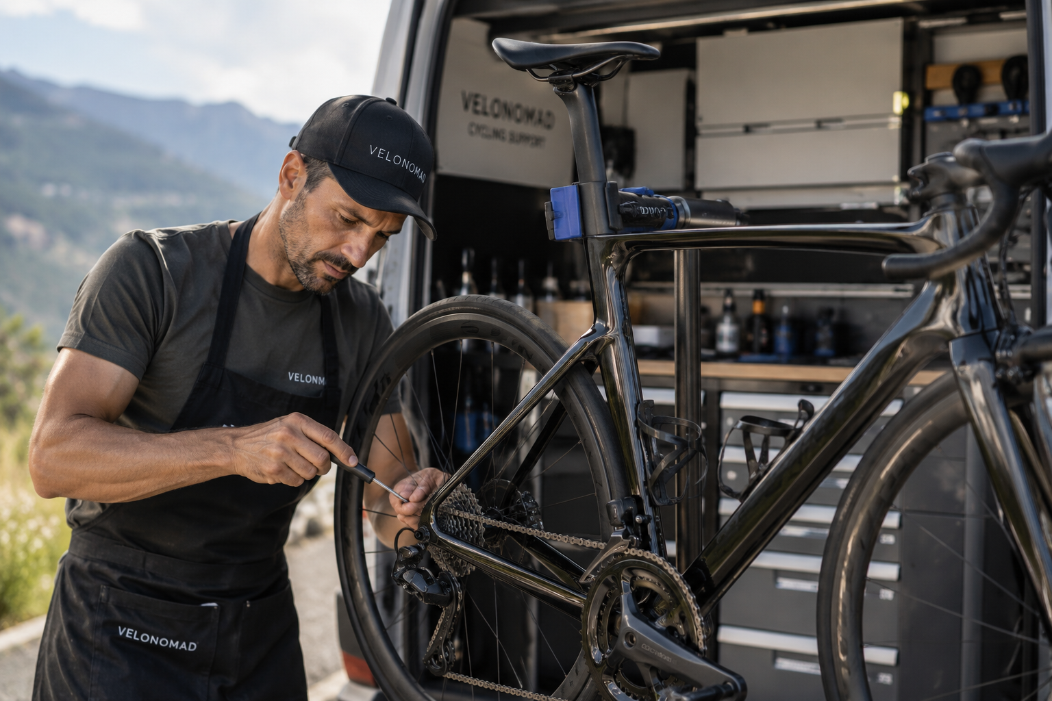 Mechanic working on a high-end road bike